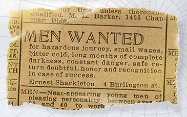 AVISO PUBLICADO EN 1914 por Sir Shackleton para reclutar voluntarios para su expedición a la Antártida