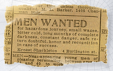 AVISO PUBLICADO EN 1914  por Sir Shackleton para reclutar voluntarios para su expedición a la Antártida